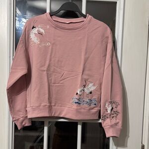 Pink Embroidered Sweatshirt with Crane Embroidery Design Small New